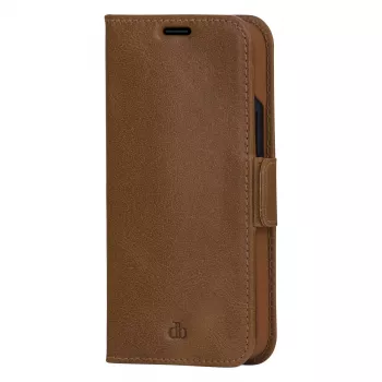 DBRAMANTE 1928 Copenhagen Slim Flip Case Apple iPhone 13 Pro Max, Full-Grain Grained Leather, Light Brown, Magnetic Closure, 3 Card Slots, Stand Feature, Wireless Charging Support
