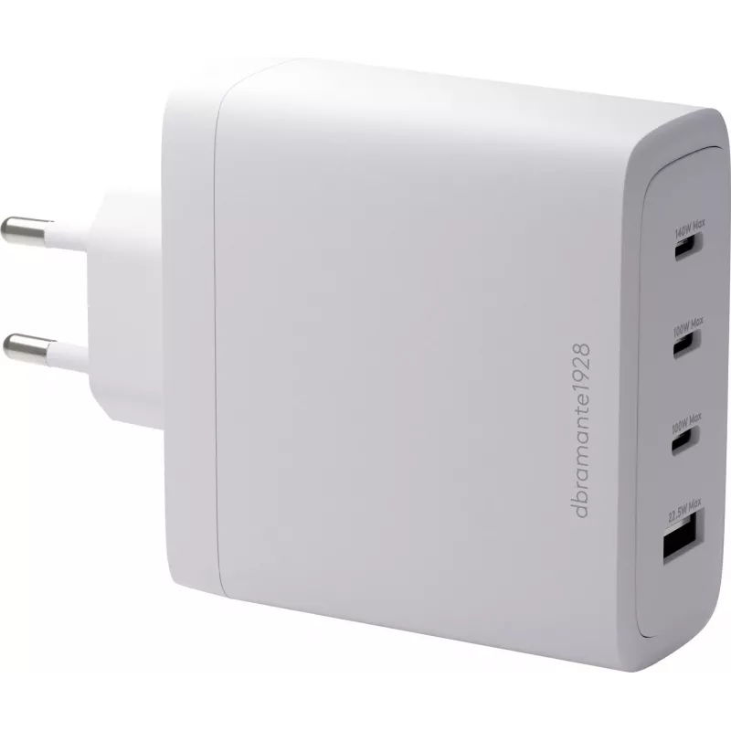 DBRAMANTE1928 Re-Charge GaN sienas lādētājs 140W – 4 pieslēgvietas (3x USB-C, 1x USB-A) – balts