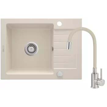 DEANTE Granīta izlietne ar jaucējkrānu, 1-bļoda ar noteku, melna, 780x490 mm, virsūmontējama, 10 gadu garantija