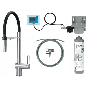 DEANTE BRMFF75M Virtuves jaucējkrāns ar ūdens filtrēšanas komplektu, elastīgs snīpis, matēti melns, 3-virzienu