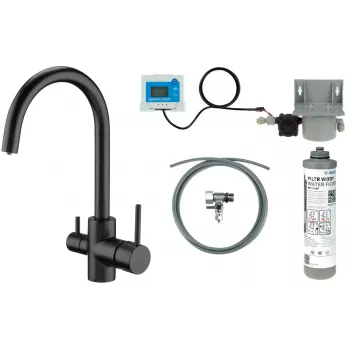 DEANTE Virtuves jaucējkrāns ar ūdens filtrācijas komplektu, matēti melns, misiņš, 3-virzienu