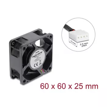 Delock Axial Fan 48 V DC, 60 x 60 x 25 mm ar 4-pin PWM savienotāju, melns