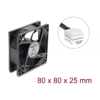 Delock Axial Fan 48 V DC, 80 x 80 x 25 mm ar 4-Pin PWM savienotāju, melns
