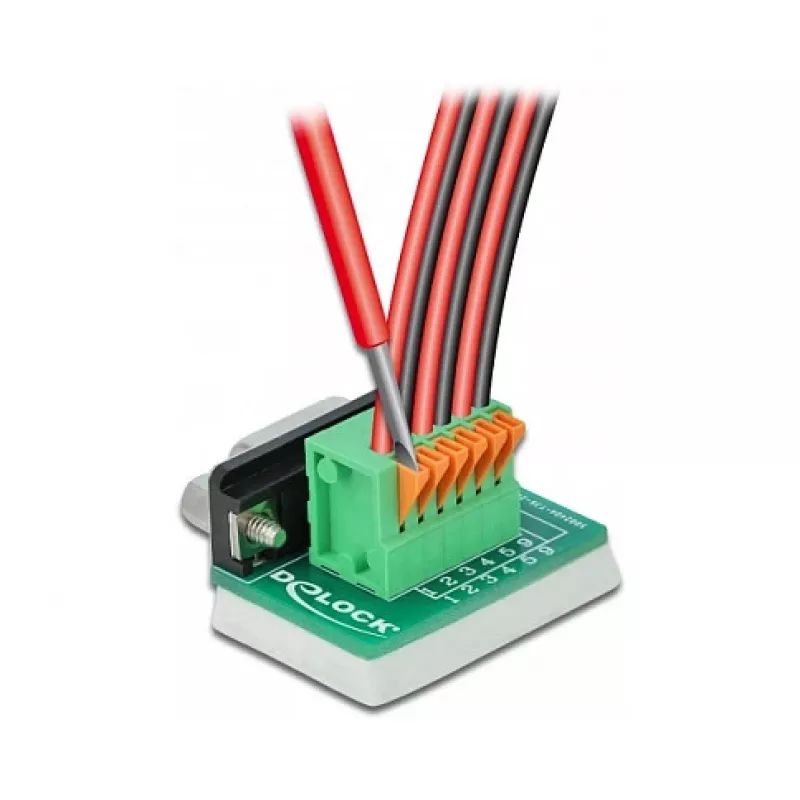 Delock D-Sub 9 sieviešu uz 6-pinu spaiļu bloku adapteris ar skrūvēm un pogu 66556
