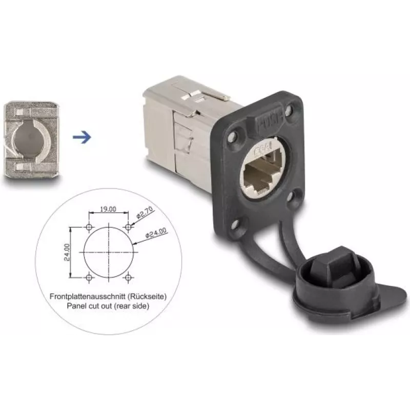 Delock D-Type RJ45 panel mount ligzda Cat.6A STP ar LSA termināciju un IP66 aizsargvāciņu