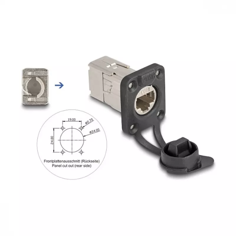 Delock D-Type RJ45 panel mount ligzda Cat.6A STP ar LSA termināciju un IP66 aizsargvāciņu