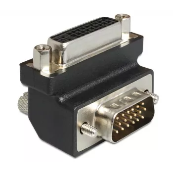 Delock DVI-I 24+5 pinu sieviešu uz VGA 15 pinus vīriešu 90° leņķa adapteris – melns 65425