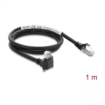 Delock GigE kameras kabelis RJ45 vīrišķais 90° leņķī ar skrūvēm, 28 mm savienotāja garums līdz RJ45 vīrišķajam Cat.6 S/FTP 1 m melns
