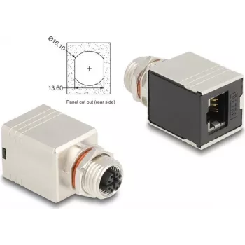 Delock M12 adapteris X-kodēts 8 pin sieviešu uz RJ45 sieviešu Cat.6A STP ekranēts taisns