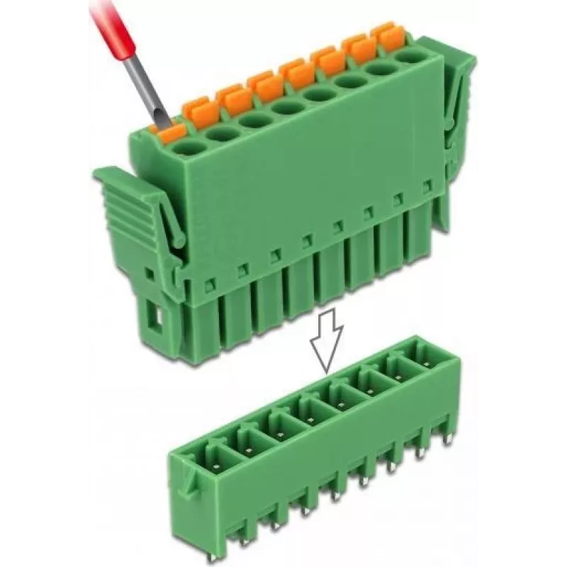 Delock PCB spaiļu bloku komplekts, 8 pin, 3,81 mm solis, vertikāls, zaļš (10 gab.) 65974