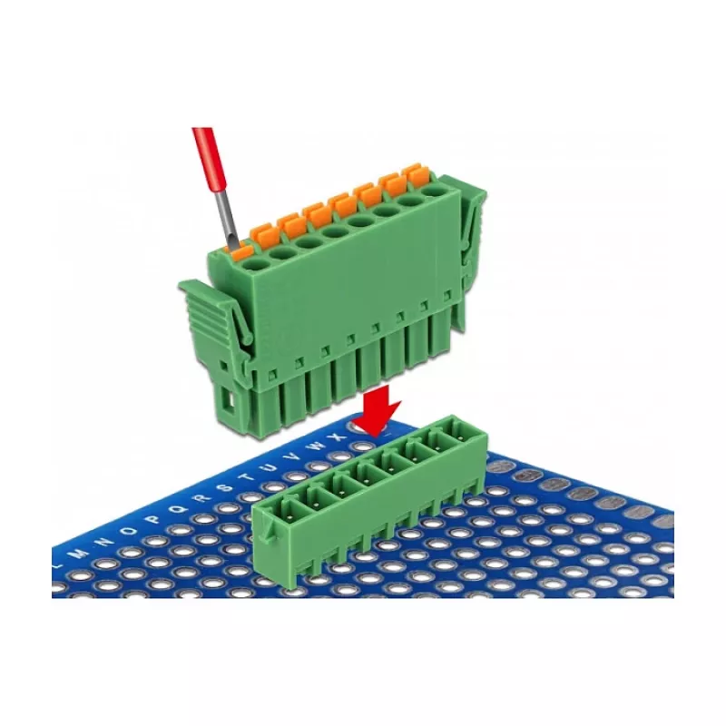 Delock PCB spaiļu bloku komplekts, 8 pin, 3,81 mm solis, vertikāls, zaļš (10 gab.) 65974