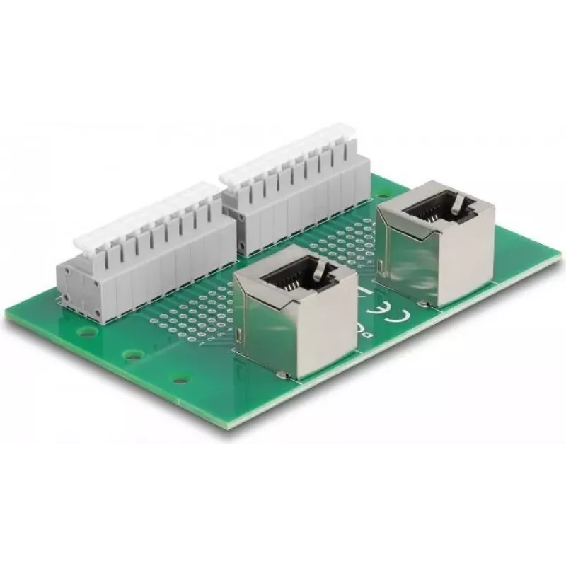 Delock RJ45 2 x sieviešu uz 2 x spaiļu bloku ar push pogu DIN sliedei leņķveida (66995)