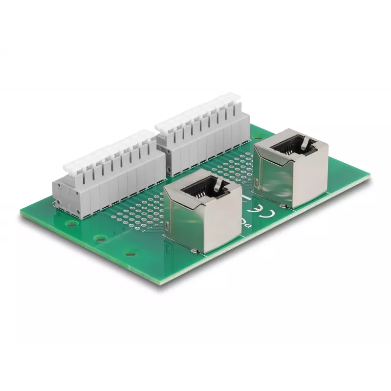 Delock RJ45 2 x sieviešu uz 2 x spaiļu bloku ar push pogu DIN sliedei leņķveida (66995)