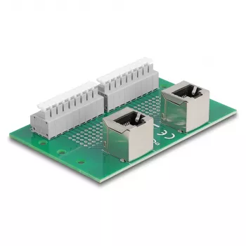 Delock RJ45 2 x sieviešu uz 2 x spaiļu bloku ar push pogu DIN sliedei leņķveida (66995)