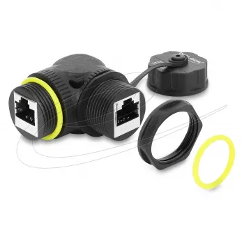 Delock RJ45 Savienotājs Cat.6 Sieviete–Sieviete ar M23 x 1.5 mm Vītni un Aizsargvāciņu, 90° Leņķa, IP68, Melns
