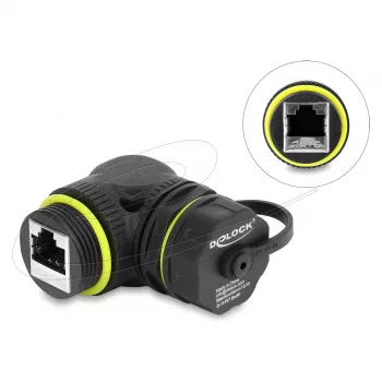 Delock RJ45 Savienotājs Cat.6 Sieviete–Sieviete ar M23 x 1.5 mm Vītni un Aizsargvāciņu, 90° Leņķa, IP68, Melns