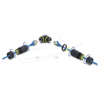 Delock RJ45 Female to RJ45 Female Cat.6 Coupler ar M23 x 1.5 mm vītni, 90° leņķī, IP68 putekļu un ūdens necaurlaidīgs, melns