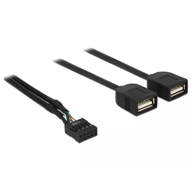 Delock USB 2.0 kontaktdakšu savienotāja uz 2 x Type-A ligzdu adaptera kabelis 40 cm 83823