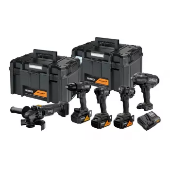 DEWALT 18V XR kombinētais komplekts: āmurskrūvgriezis, triecienskrūvgriezis, leņķa slīpmašīna, ripzāģis, darba gaisma, 3x5.0Ah baterijas