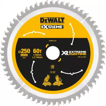 DEWALT DT99573 Ripzāģa asmens 250 mm 60 zobi TCT Smalkai Griešanai Kokam, Saplāksnim, MDF, Skaidu Plātnēm