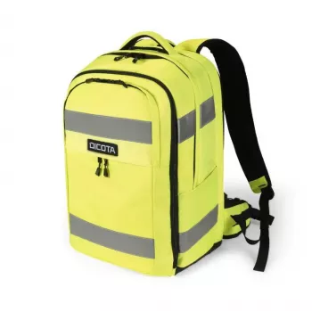 DICOTA Mugursoma HI-VIS 32-38 litri, Melna ar neona dzelteniem akcentiem, Pārstrādāts PET, Ūdensnecaurlaidīga, 15.6 collu klēpjdatora nodalījums