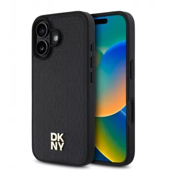 DKNY Apple iPhone 16 Plus PU ādas atkārtojošā raksta kaudzes logotipa MagSafe maciņš melns