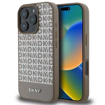 DKNY Apple iPhone 16 Pro Max PU ādas atkārtojošs raksts ar apakšējo svītru MagSafe maciņš Brūns