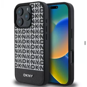 DKNY Apple iPhone 16 Pro Max PU ādas atkārtota raksta apakšējā svītra MagSafe maciņš Melns
