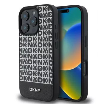 DKNY Apple iPhone 16 Pro PU ādas atkārtojošā raksta apakšējās svītras MagSafe maciņš melns
