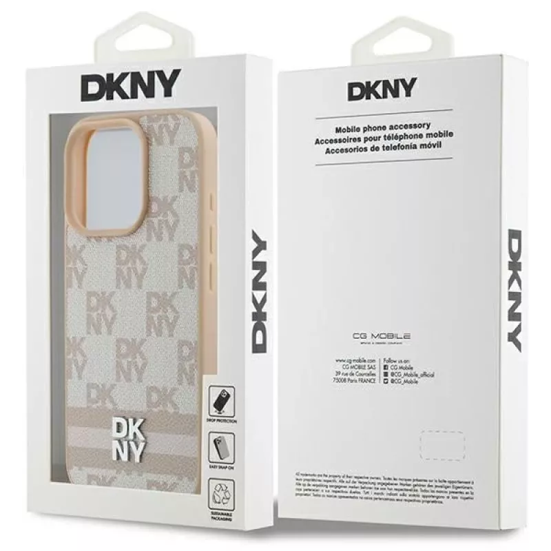 DKNY Checkered Pattern & Printed Stripes iPhone 16 Pro maciņš - rozā