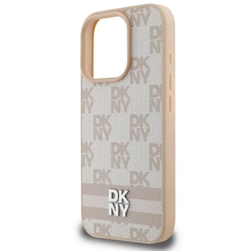 DKNY Checkered Pattern & Printed Stripes iPhone 16 Pro maciņš - rozā