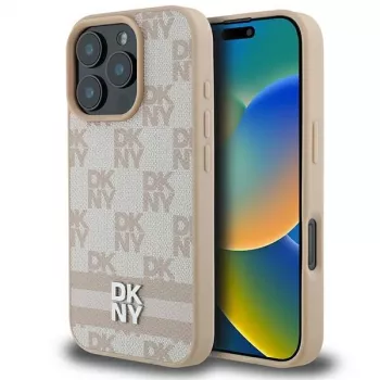 DKNY Checkered Pattern & Printed Stripes iPhone 16 Pro maciņš - rozā