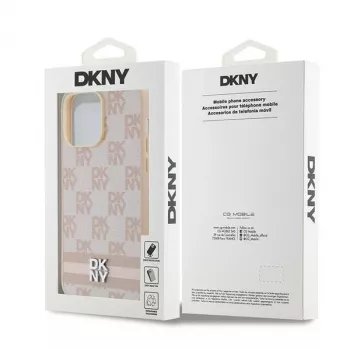 DKNY Ādas Checkered Mono Pattern & Printed Stripes Maciņš iPhone 14 Pro Max - Rozā