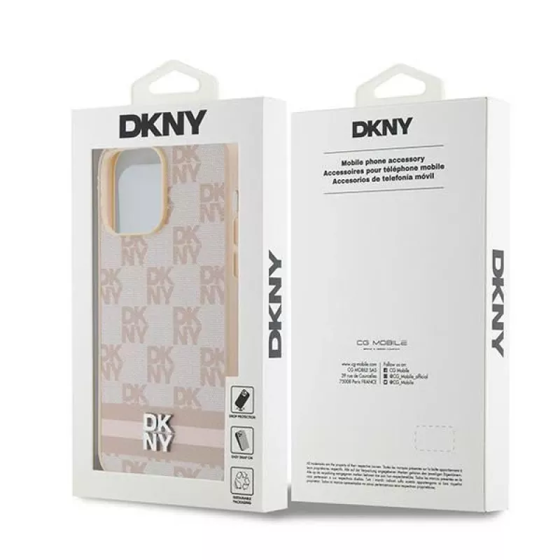 DKNY Ādas Checkered Mono Pattern & Printed Stripes Maciņš iPhone 14 Pro Max - Rozā
