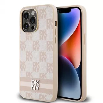 DKNY Ādas Checkered Mono Pattern & Printed Stripes Maciņš iPhone 14 Pro Max - Rozā