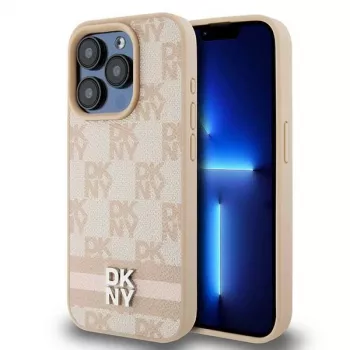 DKNY Ādas Checkered Mono Pattern & Printed Stripes maciņš iPhone 15 Pro Max - Rozā