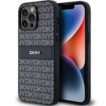 DKNY Leather Mono Stripe & Metal Logo Maciņš iPhone 14 Pro Max - Melns