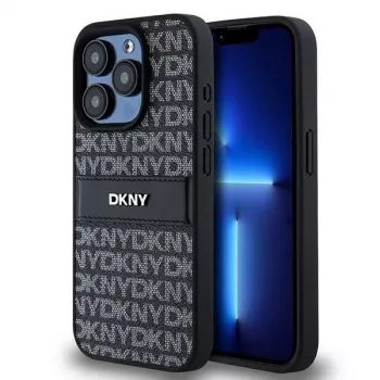 DKNY Leather Mono Stripe & Metal Logo Maciņš iPhone 15 Pro - Melns