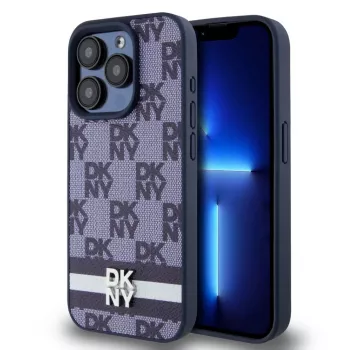 DKNY PU ādas rūtainā un svītrainā maciņa iPhone 15 Pro zilā krāsā