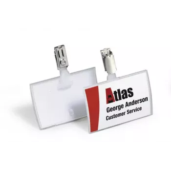 DURABLE CLICK FOLD vārda nozīmīte ar klipsi, 90x54 mm ieliktnis, caurspīdīga, 25 gab. 821619