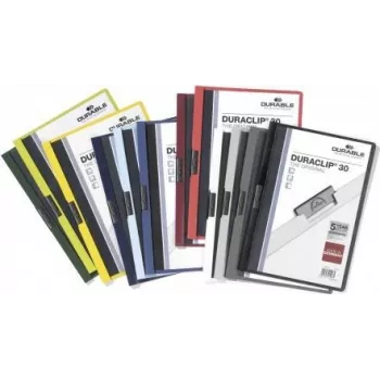 DURABLE DURACLIP 30 A4 PVC dokumentu mape ar klipu, 30 lapu ietilpība, melna/zaļa/caurspīdīga, 3 gab. iepakojums 220032