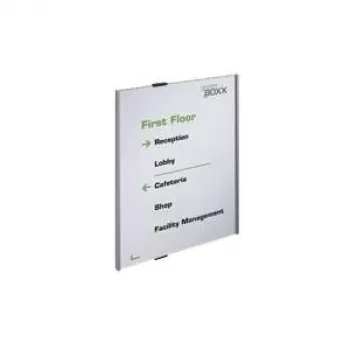 DURABLE INFO SIGN A3 portreta sudraba alumīnija informācijas zīme ar pretatspīduma akrilu, skrūvju montāža, 297 x 420 mm 480823