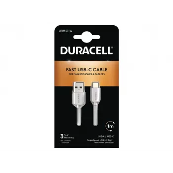 Duracell USB5031W USB-A to USB-C kabelis 1m USB 3.2 Gen 1 5Gbps Balts