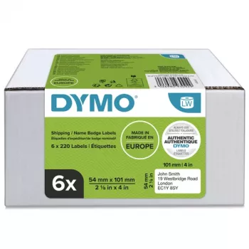 DYMO LabelWriter sūtījumu un vārda nozīmīšu etiķetes, 54 x 101 mm, baltas, pastāvīga līme, 220 etiķetes rullī