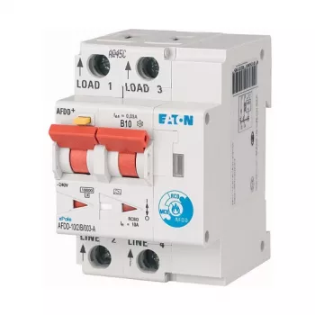 Eaton AFDD-10/2/B/003-A loka bojājumu noteikšanas ierīce ar RCBO, 2 polu, 10A, 30mA, A tips, 230V, 6kA, DIN sliede, 2 moduļi