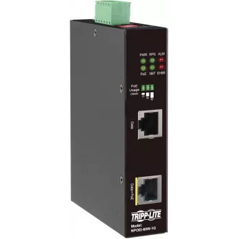 Eaton Tripp Lite Series industriālais Gigabit PoE++ inžektors, 60W, 802.3bt, Midspan, -40°C līdz 75°C, IP30, divkāršs 24-57VDC, DIN sliedes montāža, 1 ports, melns