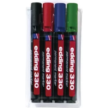 edding 330/4 S Permanent Marker Set - melns, zils, zaļš, sarkans - kaltveida uzgalis 1-5 mm - ar zemu smaku, ātri žūstošs, uzpildāms - 4 marķieri 4-330-4