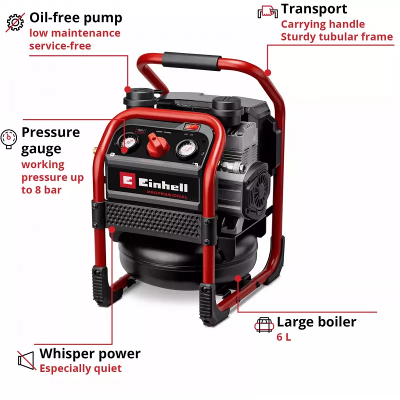 EINHELL Power X-Change bezvadu gaisa kompresors SILENZZO 18/160, 18V (sarkans/melns, bez akumulatora un lādētāja)