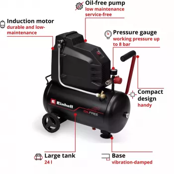 EINHELL TC-AC 190/24/8 I OF Oil-Free Compressor, 1100 W, 24 L Tank, 8 bar, Black