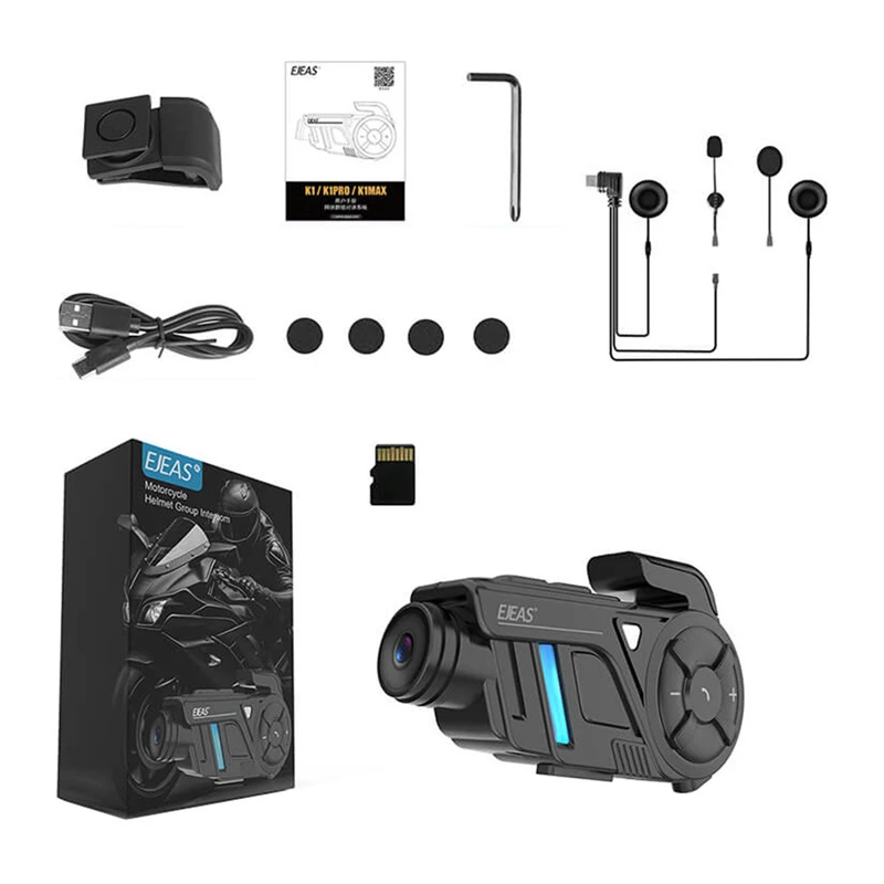 EJEAS K1Pro+ motocikla intercoms ar 1080P ierakstītāju - viens intercoms
